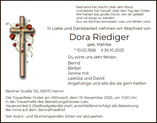 Traueranzeige von Dora Riediger von HAWA