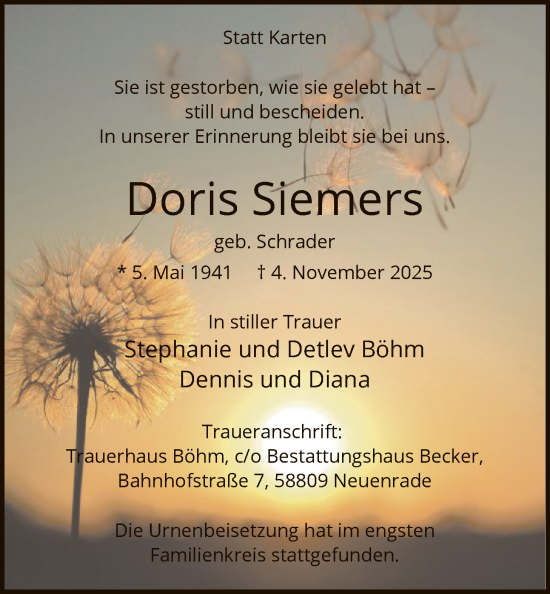 Traueranzeige von Doris Siemers von HALN