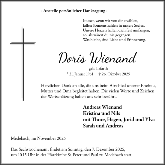 Traueranzeige von Doris Wienand von HASK