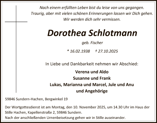 Traueranzeige von Dorothea Schlotmann von HASK