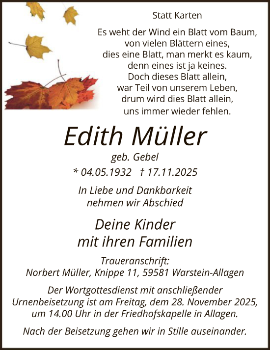 Traueranzeige von Edith Müller von HASO