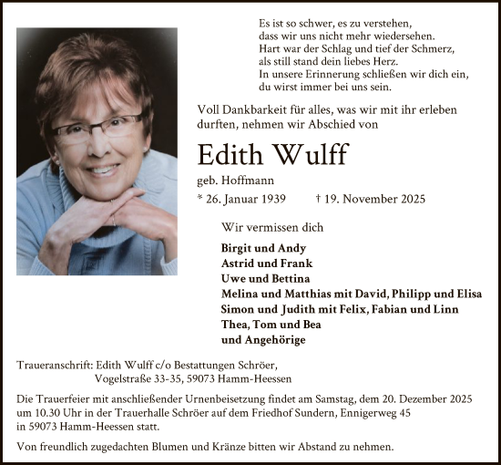 Traueranzeige von Edith Wulff von HAWA