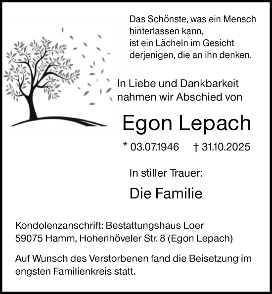 Traueranzeige von Egon Lepach von HAWA