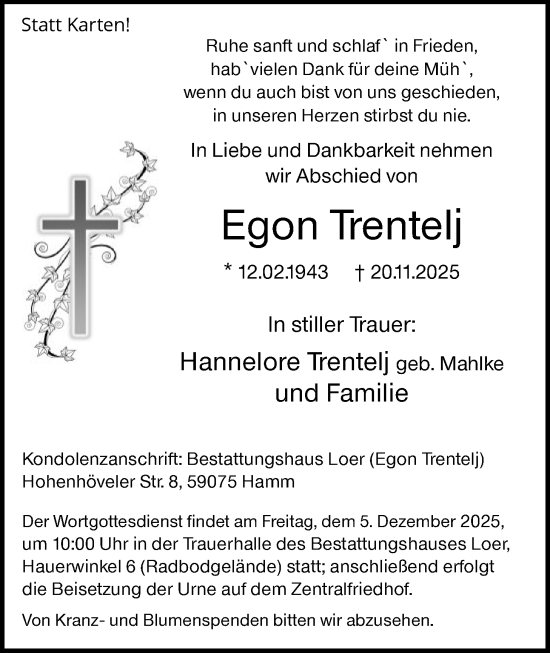 Traueranzeige von Egon Trentelj von HAWA
