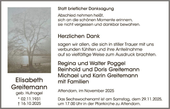 Traueranzeige von Elisabeth Greitemann von HASK