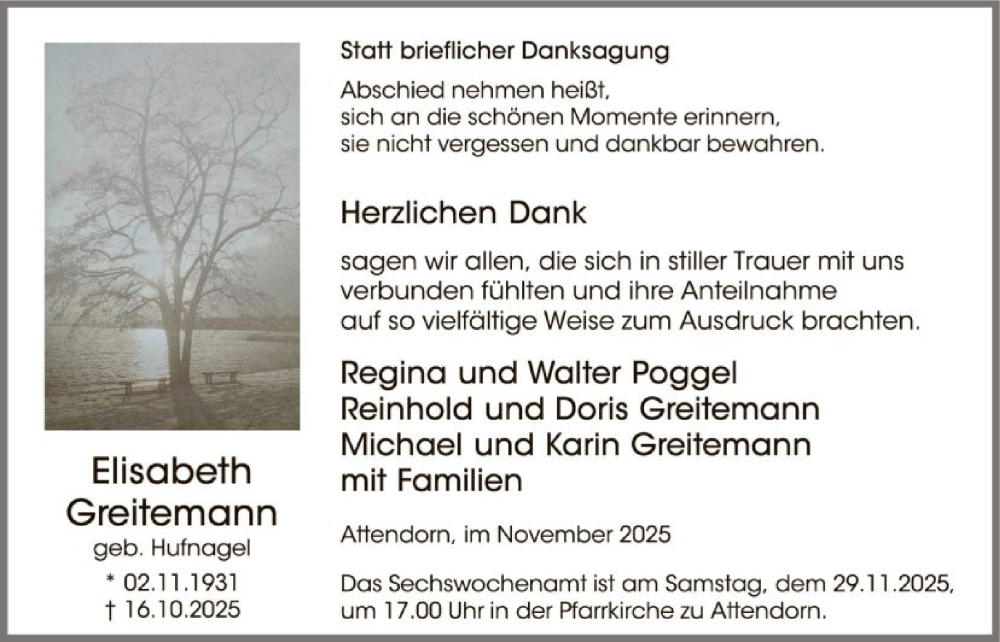  Traueranzeige für Elisabeth Greitemann vom 22.11.2025 aus HASK