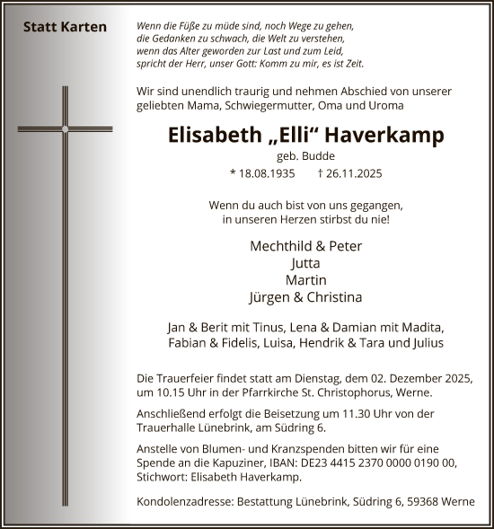 Traueranzeige von Elisabeth Haverkamp von HAWA