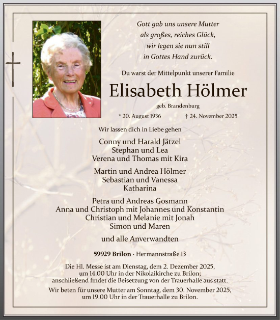 Traueranzeige von Elisabeth Hölmer von HASK