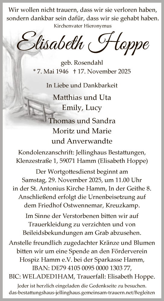 Traueranzeige von Elisabeth Hoppe von HAWA