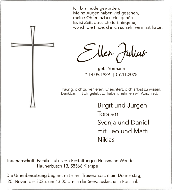 Traueranzeige von Ellen Julius von HALN