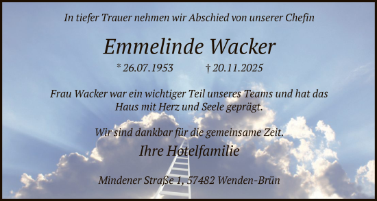 Traueranzeige von Emmelinde Wacker von HASK