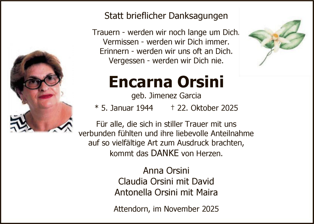  Traueranzeige für Encarna Orsini vom 29.11.2025 aus HASK