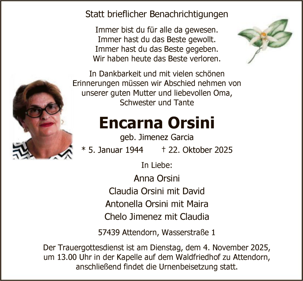  Traueranzeige für Encarna Orsini vom 31.10.2025 aus HASK