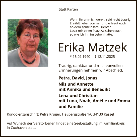 Traueranzeige von Erika Matzek von HAWA