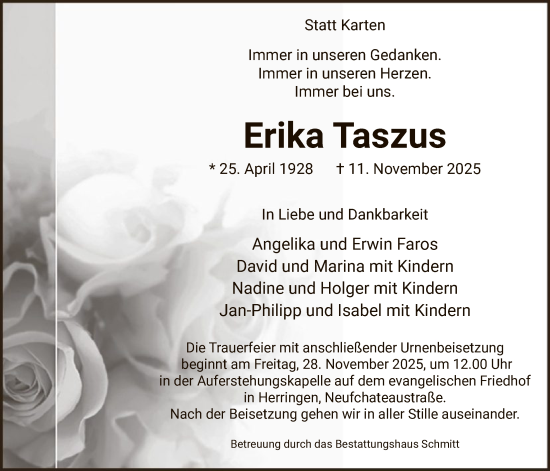 Traueranzeige von Erika Taszus von HAWA