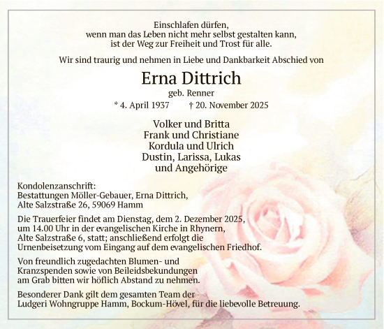 Traueranzeige von Erna Dittrich von HAWA