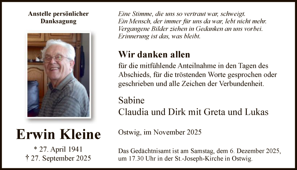  Traueranzeige für Erwin Kleine vom 29.11.2025 aus HASK