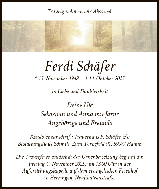 Traueranzeige von Ferdi Schäfer von HAWA