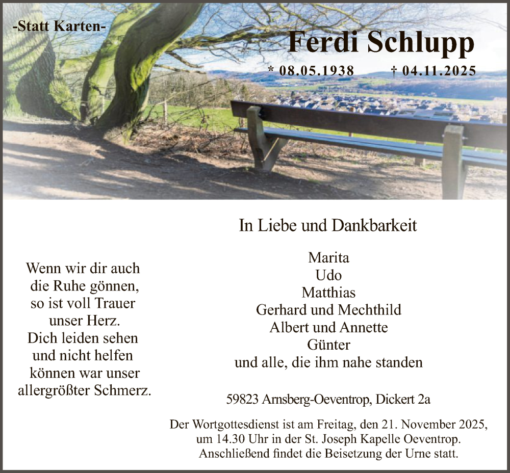  Traueranzeige für Ferdi Schlupp vom 15.11.2025 aus HASK