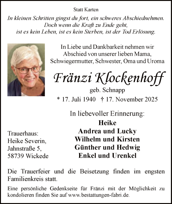 Traueranzeige von Fränzi Klockenhoff von HASO