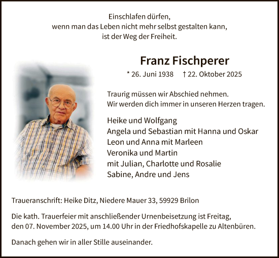 Traueranzeige von Franz Fischperer von HASK
