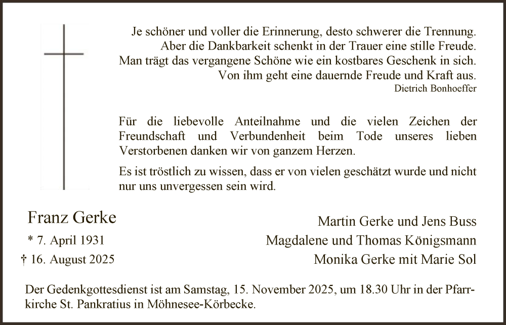  Traueranzeige für Franz Gerke vom 31.10.2025 aus HASO
