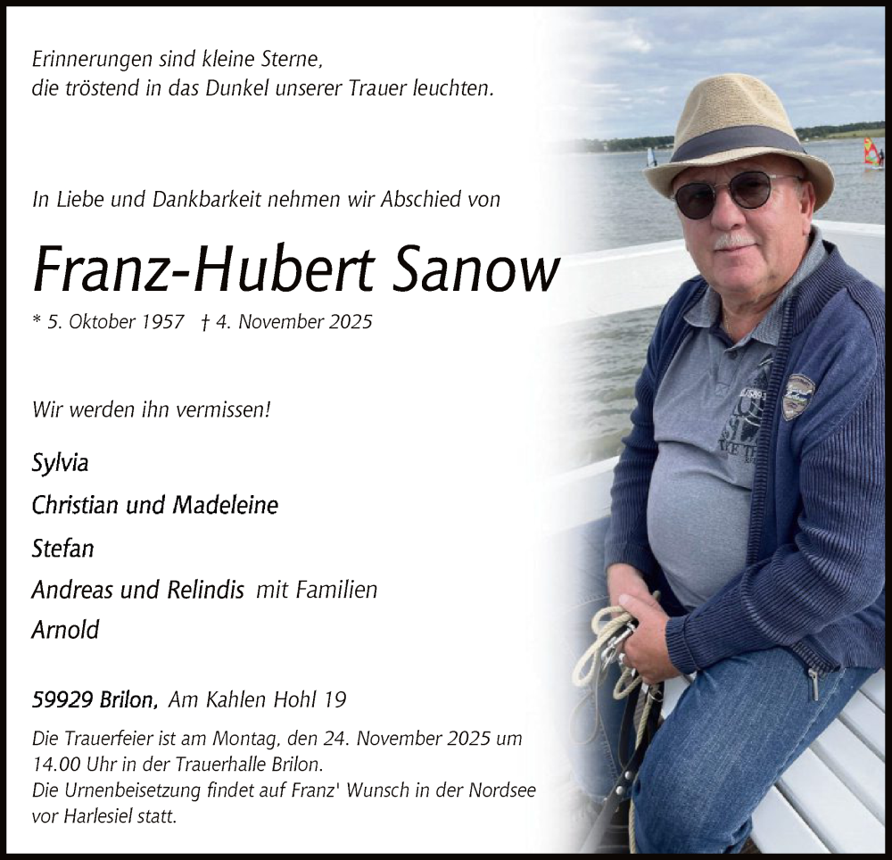  Traueranzeige für Franz-Hubert Sanow vom 08.11.2025 aus HASK