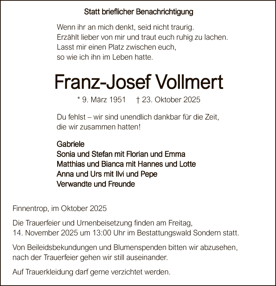  Traueranzeige für Franz-Josef Vollmert vom 31.10.2025 aus HASK