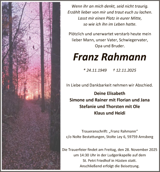 Traueranzeige von Franz Rahmann von HASK