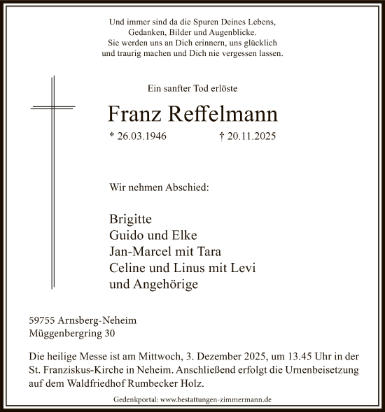 Traueranzeige von Franz Reffelmann von HASK