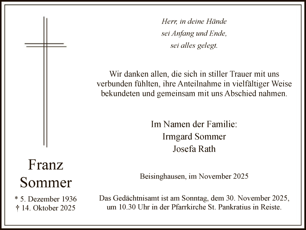  Traueranzeige für Franz Sommer vom 22.11.2025 aus HASK
