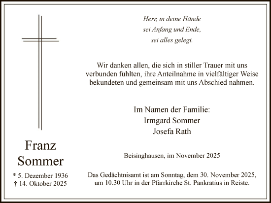 Traueranzeige von Franz Sommer von HASK