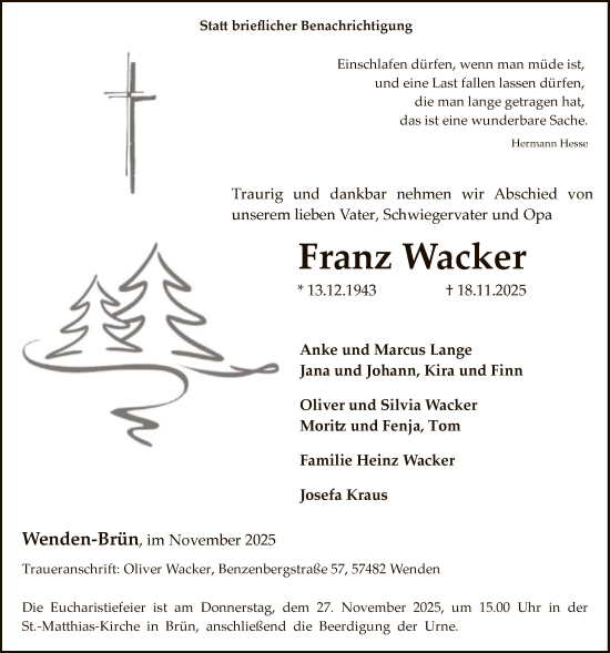 Traueranzeige von Franz Wacker von HASK