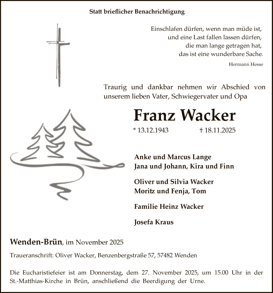  Traueranzeige für Franz Wacker vom 22.11.2025 aus HASK
