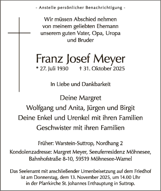 Traueranzeige von Franz Josef Meyer von HASO