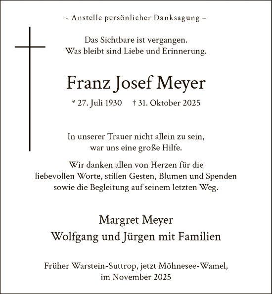 Traueranzeige von Franz Josef Meyer von HASO