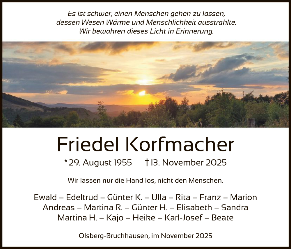  Traueranzeige für Friedel Korfmacher vom 22.11.2025 aus HASK