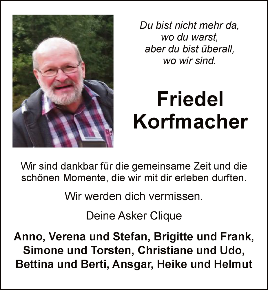  Traueranzeige für Friedel Korfmacher vom 22.11.2025 aus HASK