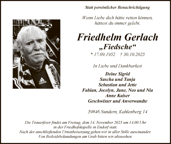 Traueranzeige von Friedhelm Gerlach von HASK