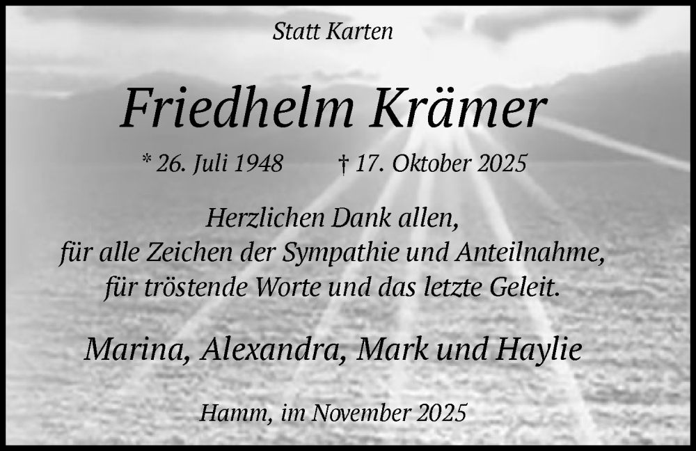  Traueranzeige für Friedhelm Krämer vom 22.11.2025 aus HAWA