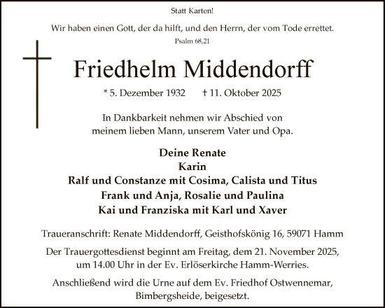 Traueranzeige von Friedhelm Middendorff von HAWA