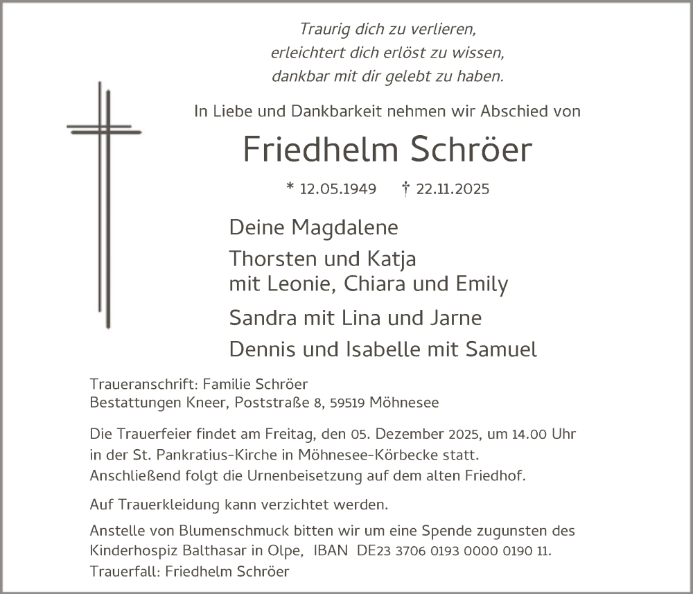  Traueranzeige für Friedhelm Schröer vom 29.11.2025 aus HASO