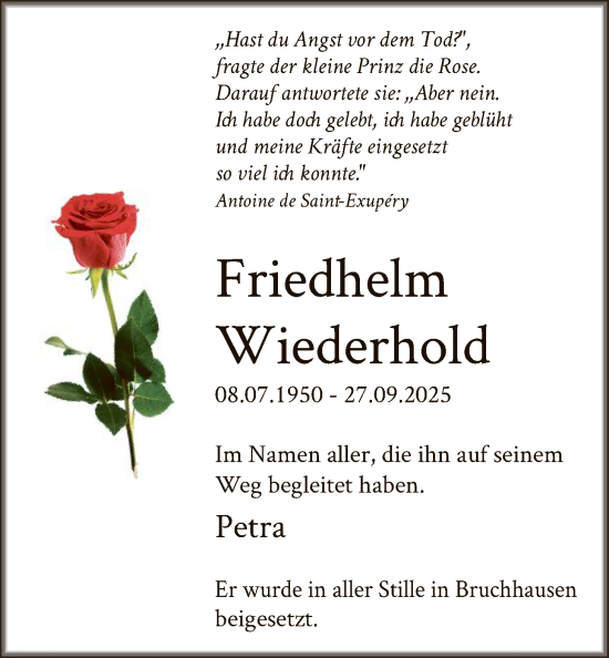 Traueranzeige von Friedhelm Wiederhold von HASK