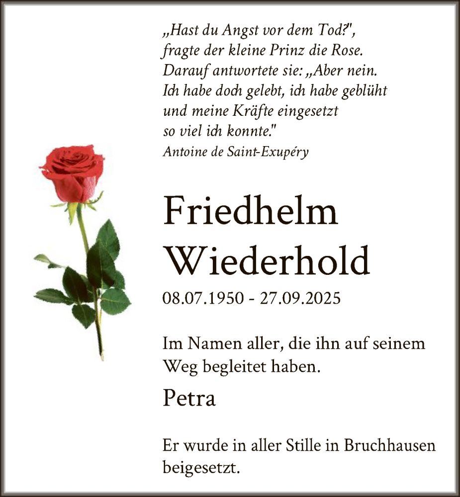  Traueranzeige für Friedhelm Wiederhold vom 15.11.2025 aus HASK