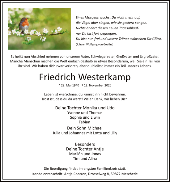 Traueranzeige von Friedrich Westerkamp von HASK
