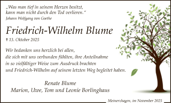 Traueranzeige von Friedrich-Wilhelm Blume von HALN