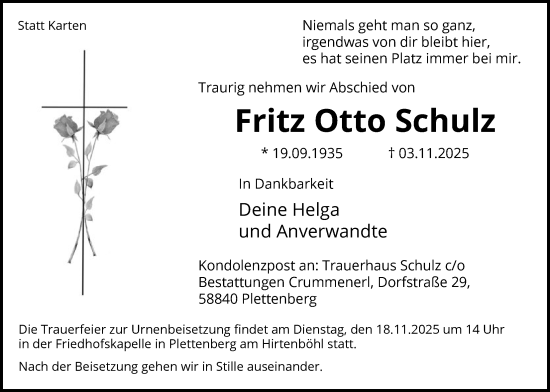 Traueranzeige von Fritz Otto Schulz von HALN