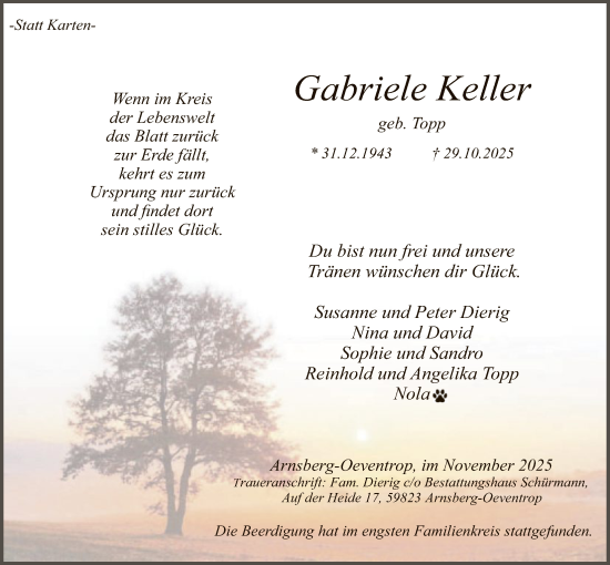 Traueranzeige von Gabriele Keller von HASK