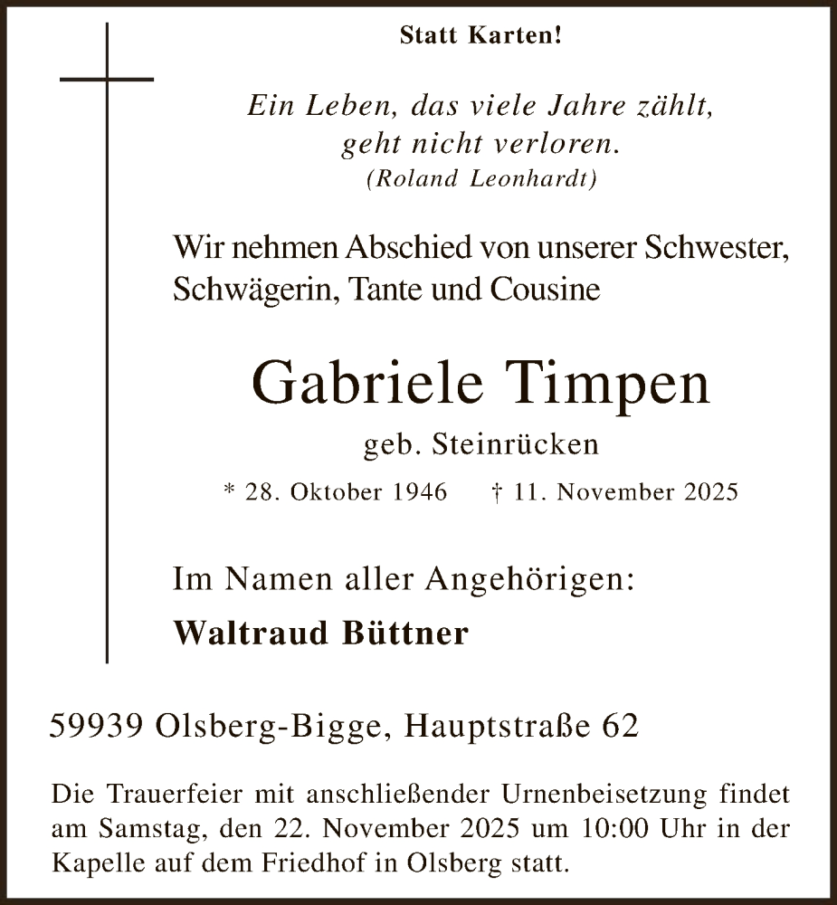  Traueranzeige für Gabriele Timpen vom 22.11.2025 aus HASK