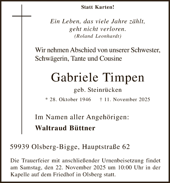 Traueranzeige von Gabriele Timpen von HASK